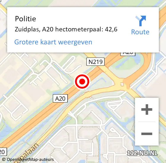 Locatie op kaart van de 112 melding: Politie Zuidplas, A20 hectometerpaal: 42,6 op 13 december 2023 18:37