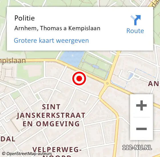 Locatie op kaart van de 112 melding: Politie Arnhem, Thomas a Kempislaan op 13 december 2023 23:37