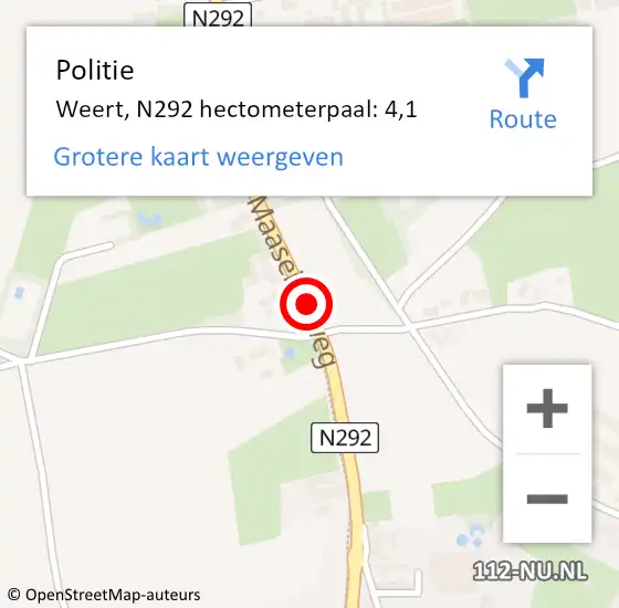 Locatie op kaart van de 112 melding: Politie Weert, N292 hectometerpaal: 4,1 op 13 december 2023 23:59