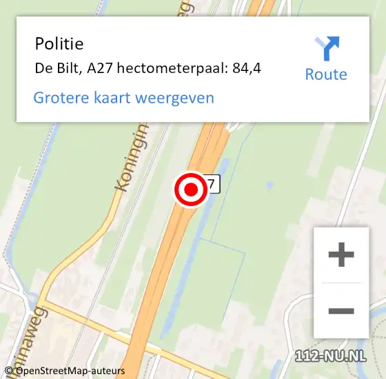 Locatie op kaart van de 112 melding: Politie De Bilt, A27 hectometerpaal: 84,4 op 14 december 2023 02:57