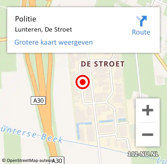 Locatie op kaart van de 112 melding: Politie Lunteren, De Stroet op 14 december 2023 07:20
