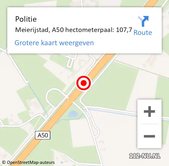 Locatie op kaart van de 112 melding: Politie Meierijstad, A50 hectometerpaal: 107,7 op 14 december 2023 07:44