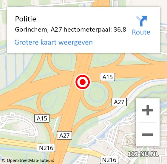Locatie op kaart van de 112 melding: Politie Gorinchem, A27 hectometerpaal: 36,8 op 14 december 2023 07:49