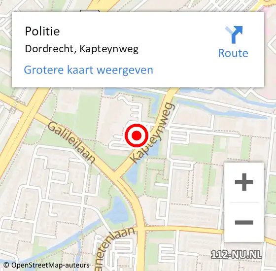 Locatie op kaart van de 112 melding: Politie Dordrecht, Kapteynweg op 14 december 2023 08:24