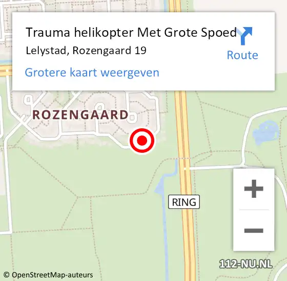 Locatie op kaart van de 112 melding: Trauma helikopter Met Grote Spoed Naar Lelystad, Rozengaard 19 op 14 december 2023 09:45