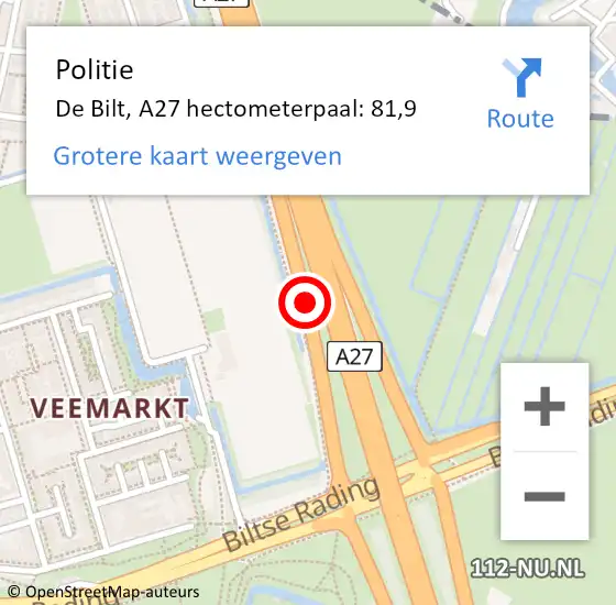 Locatie op kaart van de 112 melding: Politie De Bilt, A27 hectometerpaal: 81,9 op 14 december 2023 09:48