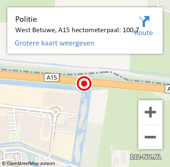Locatie op kaart van de 112 melding: Politie West Betuwe, A15 hectometerpaal: 100,7 op 14 december 2023 09:51