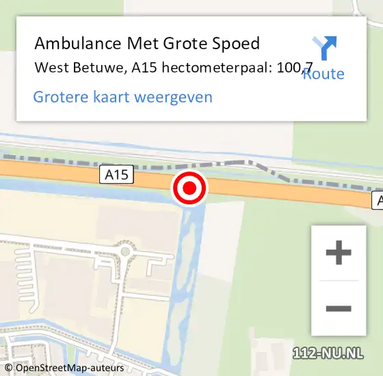 Locatie op kaart van de 112 melding: Ambulance Met Grote Spoed Naar West Betuwe, A15 hectometerpaal: 100,7 op 14 december 2023 09:54