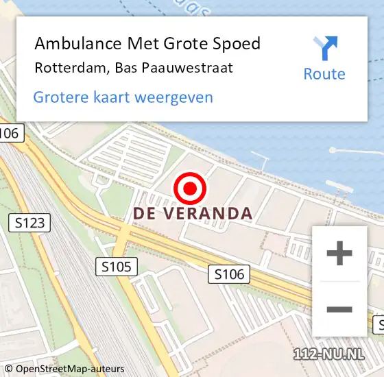 Locatie op kaart van de 112 melding: Ambulance Met Grote Spoed Naar Rotterdam, Bas Paauwestraat op 14 december 2023 12:11