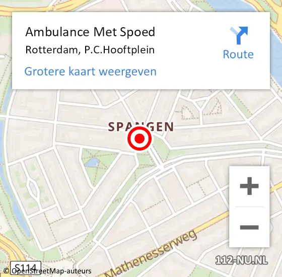 Locatie op kaart van de 112 melding: Ambulance Met Spoed Naar Rotterdam, P.C.Hooftplein op 14 december 2023 13:24