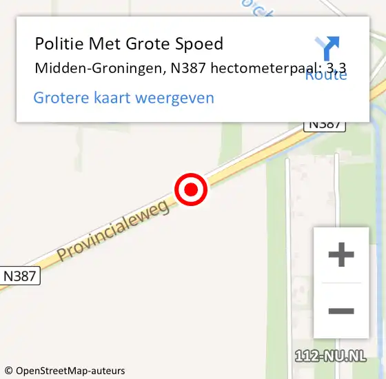 Locatie op kaart van de 112 melding: Politie Met Grote Spoed Naar Midden-Groningen, N387 hectometerpaal: 3,3 op 14 december 2023 13:50
