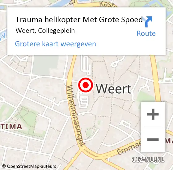 Locatie op kaart van de 112 melding: Trauma helikopter Met Grote Spoed Naar Weert, Collegeplein op 14 december 2023 14:09