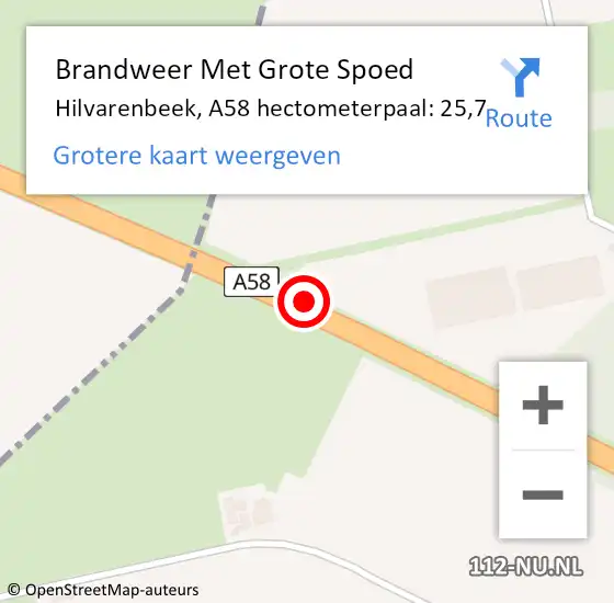 Locatie op kaart van de 112 melding: Brandweer Met Grote Spoed Naar Hilvarenbeek, A58 hectometerpaal: 25,7 op 14 december 2023 14:10
