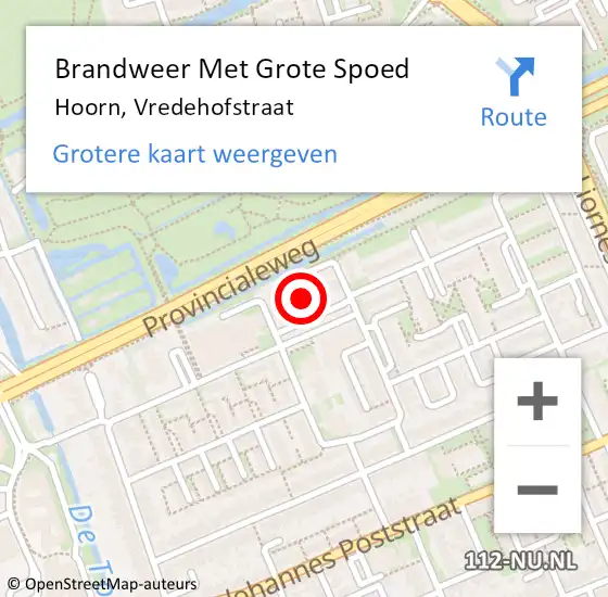 Locatie op kaart van de 112 melding: Brandweer Met Grote Spoed Naar Hoorn, Vredehofstraat op 14 december 2023 14:33