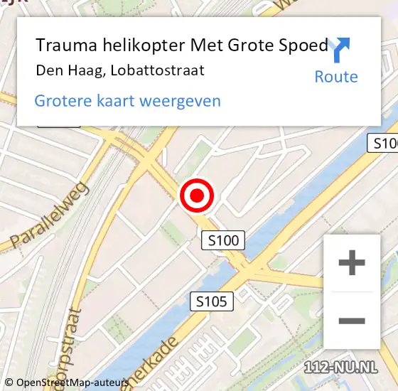 Locatie op kaart van de 112 melding: Trauma helikopter Met Grote Spoed Naar Den Haag, Lobattostraat op 14 december 2023 17:13