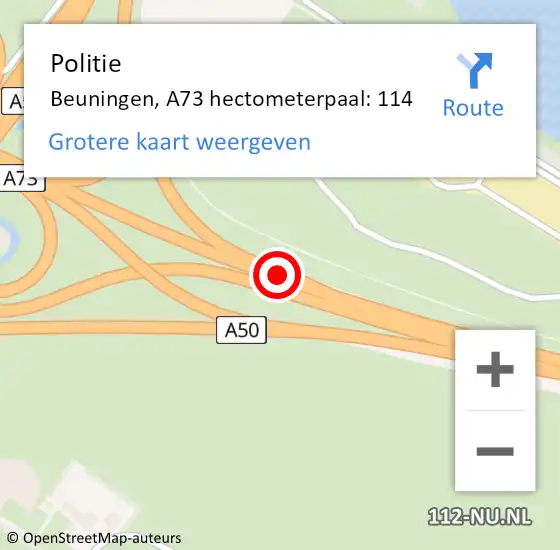 Locatie op kaart van de 112 melding: Politie Beuningen, A73 hectometerpaal: 114 op 14 december 2023 17:26