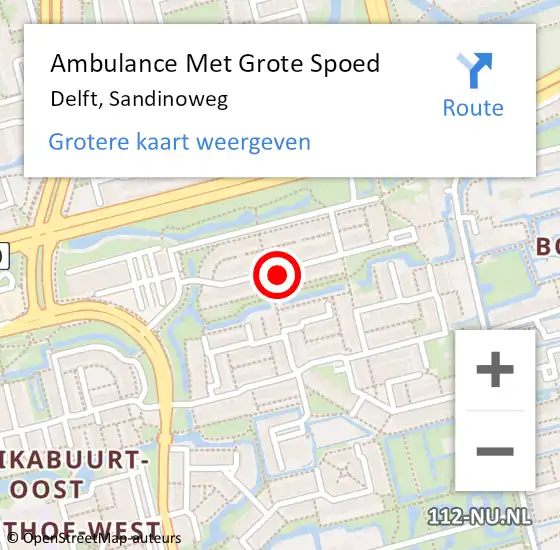 Locatie op kaart van de 112 melding: Ambulance Met Grote Spoed Naar Delft, Sandinoweg op 14 december 2023 18:20