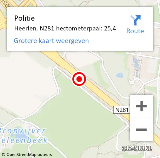 Locatie op kaart van de 112 melding: Politie Heerlen, N281 hectometerpaal: 25,4 op 14 december 2023 18:47