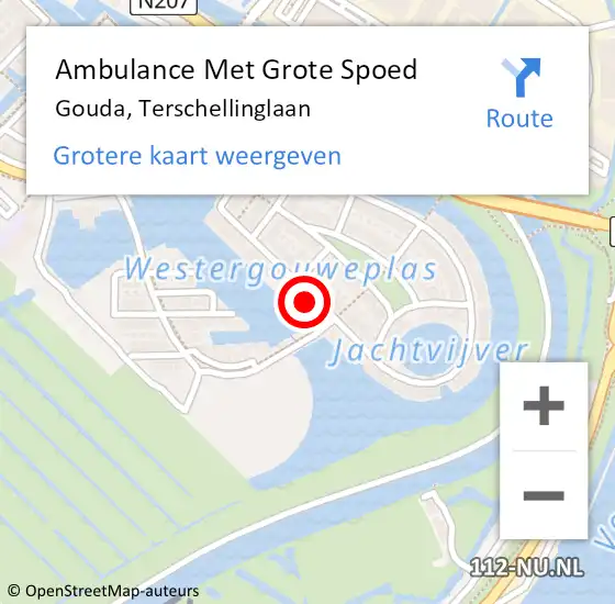 Locatie op kaart van de 112 melding: Ambulance Met Grote Spoed Naar Gouda, Terschellinglaan op 14 december 2023 19:18