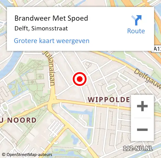 Locatie op kaart van de 112 melding: Brandweer Met Spoed Naar Delft, Simonsstraat op 14 december 2023 20:31