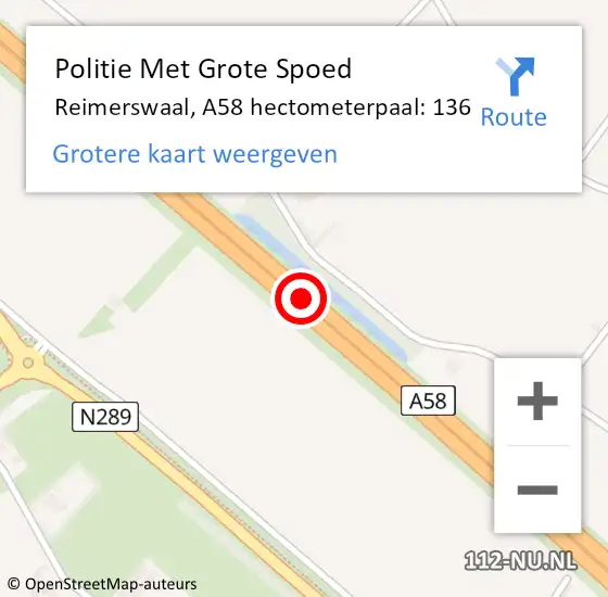 Locatie op kaart van de 112 melding: Politie Met Grote Spoed Naar Reimerswaal, A58 hectometerpaal: 136 op 14 december 2023 22:02