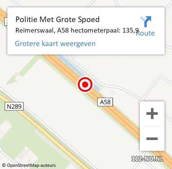 Locatie op kaart van de 112 melding: Politie Met Grote Spoed Naar Reimerswaal, A58 hectometerpaal: 135,9 op 14 december 2023 22:02
