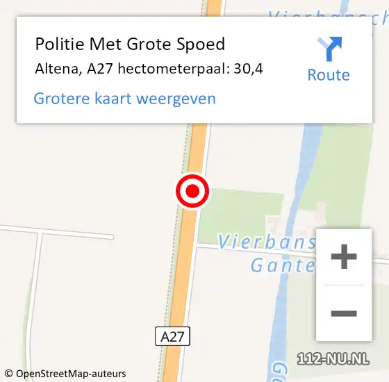 Locatie op kaart van de 112 melding: Politie Met Grote Spoed Naar Altena, A27 hectometerpaal: 30,4 op 14 december 2023 22:48