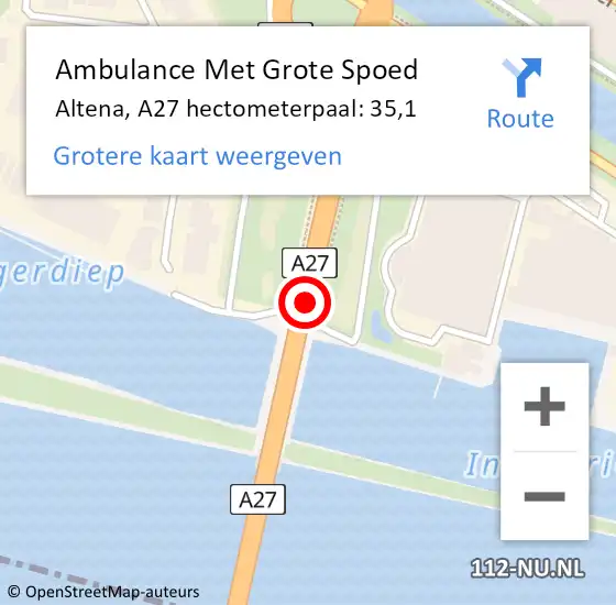 Locatie op kaart van de 112 melding: Ambulance Met Grote Spoed Naar Altena, A27 hectometerpaal: 35,1 op 14 december 2023 23:27