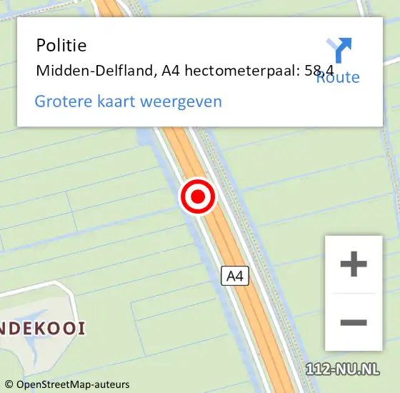 Locatie op kaart van de 112 melding: Politie Midden-Delfland, A4 hectometerpaal: 58,4 op 15 december 2023 08:45