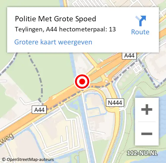 Locatie op kaart van de 112 melding: Politie Met Grote Spoed Naar Teylingen, A44 hectometerpaal: 13 op 15 december 2023 10:01