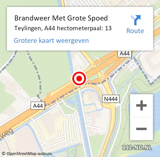 Locatie op kaart van de 112 melding: Brandweer Met Grote Spoed Naar Teylingen, A44 hectometerpaal: 13 op 15 december 2023 10:04