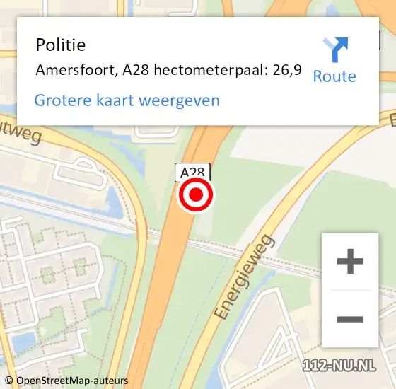 Locatie op kaart van de 112 melding: Politie Amersfoort, A28 hectometerpaal: 26,9 op 15 december 2023 10:11