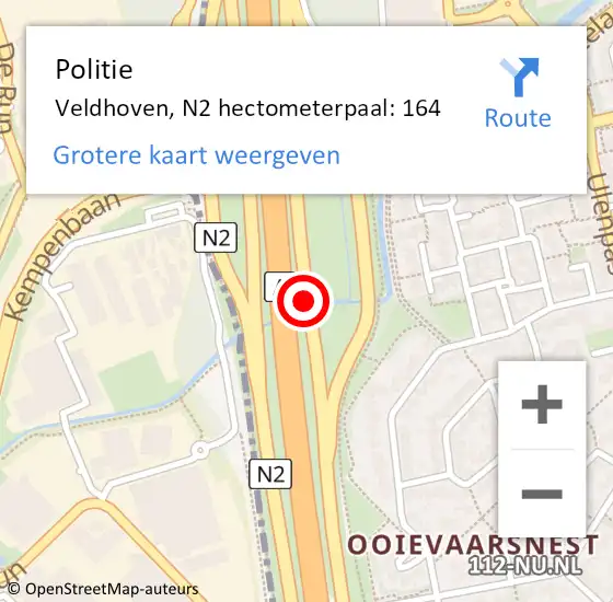 Locatie op kaart van de 112 melding: Politie Veldhoven, N2 hectometerpaal: 164 op 15 december 2023 11:20