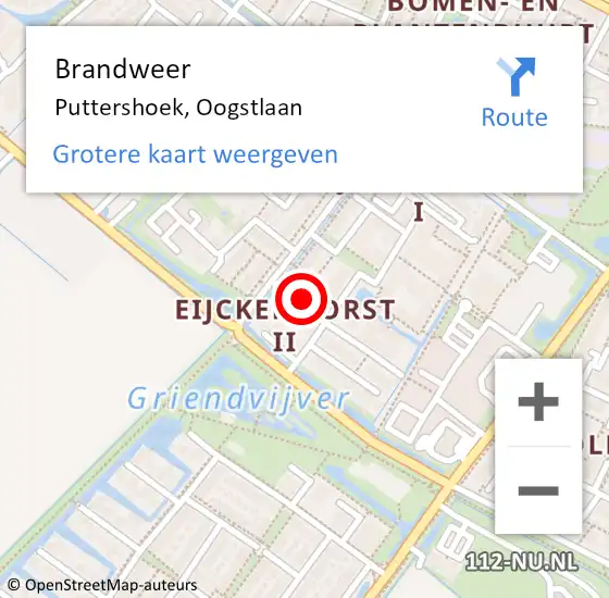 Locatie op kaart van de 112 melding: Brandweer Puttershoek, Oogstlaan op 15 december 2023 12:54