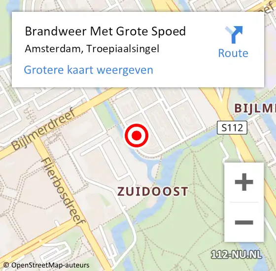 Locatie op kaart van de 112 melding: Brandweer Met Grote Spoed Naar Amsterdam, Troepiaalsingel op 15 december 2023 13:13
