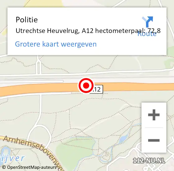 Locatie op kaart van de 112 melding: Politie Utrechtse Heuvelrug, A12 hectometerpaal: 72,8 op 15 december 2023 14:15