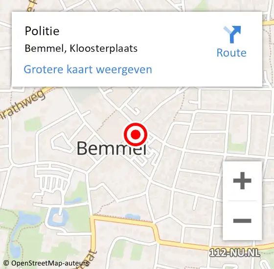 Locatie op kaart van de 112 melding: Politie Bemmel, Kloosterplaats op 15 december 2023 15:41