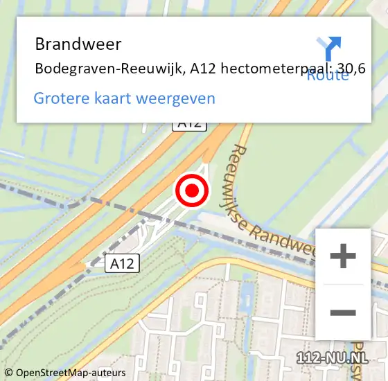 Locatie op kaart van de 112 melding: Brandweer Bodegraven-Reeuwijk, A12 hectometerpaal: 30,6 op 15 december 2023 16:29