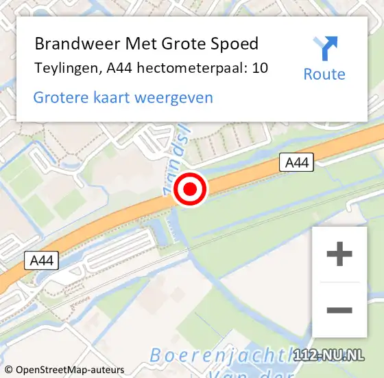 Locatie op kaart van de 112 melding: Brandweer Met Grote Spoed Naar Teylingen, A44 hectometerpaal: 10 op 15 december 2023 20:37