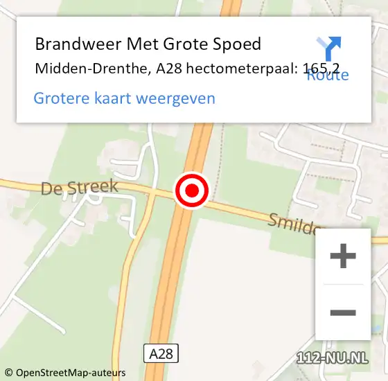Locatie op kaart van de 112 melding: Brandweer Met Grote Spoed Naar Midden-Drenthe, A28 hectometerpaal: 165,2 op 15 december 2023 20:55