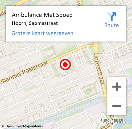 Locatie op kaart van de 112 melding: Ambulance Met Spoed Naar Hoorn, Sapmastraat op 15 december 2023 20:59