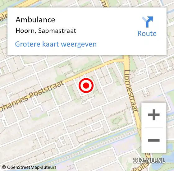 Locatie op kaart van de 112 melding: Ambulance Hoorn, Sapmastraat op 15 december 2023 21:02