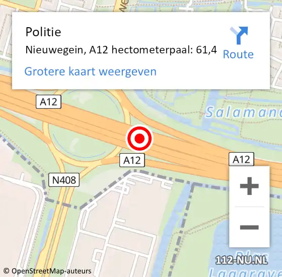 Locatie op kaart van de 112 melding: Politie Nieuwegein, A12 hectometerpaal: 61,4 op 15 december 2023 23:24