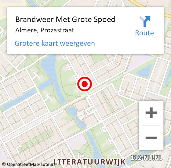 Locatie op kaart van de 112 melding: Brandweer Met Grote Spoed Naar Almere, Prozastraat op 16 december 2023 03:53
