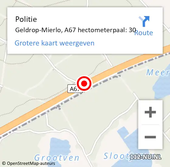 Locatie op kaart van de 112 melding: Politie Geldrop-Mierlo, A67 hectometerpaal: 30 op 16 december 2023 07:54