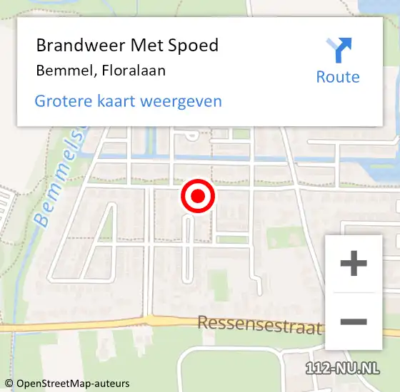 Locatie op kaart van de 112 melding: Brandweer Met Spoed Naar Bemmel, Floralaan op 16 december 2023 09:15