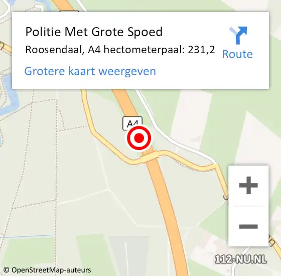 Locatie op kaart van de 112 melding: Politie Met Grote Spoed Naar Roosendaal, A4 hectometerpaal: 231,2 op 16 december 2023 09:18
