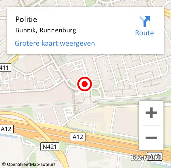 Locatie op kaart van de 112 melding: Politie Bunnik, Runnenburg op 16 december 2023 09:24