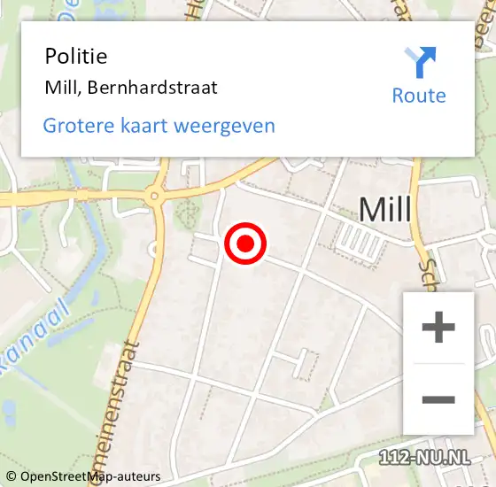 Locatie op kaart van de 112 melding: Politie Mill, Bernhardstraat op 16 december 2023 11:22