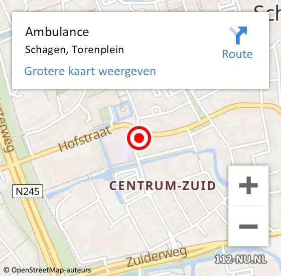 Locatie op kaart van de 112 melding: Ambulance Schagen, Torenplein op 16 december 2023 12:27